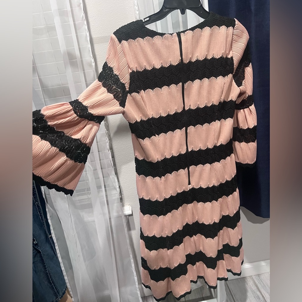 Taylor Apricot Black Lace-Stripe Bell-Sleeve A-Line Dress 10 - Picture 3 of 9